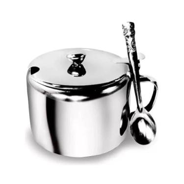Imagem de Açucareiro de Mesa em Aço Inox com Tampa Articulada e Colher, 220ml, 9,5 x 7cm, Prateado