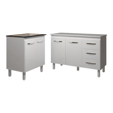 Imagem de Balcão Para Cooktop 5 Bocas Fran Branco e Armário Bruna 118 cm Cozinha Gabinete Branco com Tampo Tampão Branco