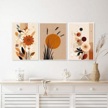 Imagem de Kit 3 Quadros Bohos Flores Folhas Sol Terracota 45X34Cm
