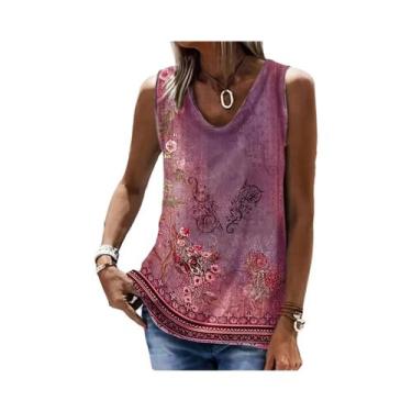 Imagem de Camiseta Feminina Retrô Estampada Casual Sem Mangas, Estilo Solto Étni