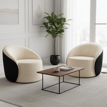 Imagem de Poltrona Sala Orgânica Kit 2 Lua Fixa Sintético PU Preto/Bouclê Bege D03 - D'Rossi