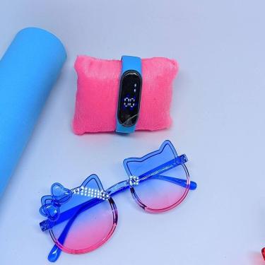 Imagem de Kit Relógio Digital Bracelete Silicone ajustável Menina + Óculos de Sol Gatinho Hello Kitty com Laço Protenção Uv400