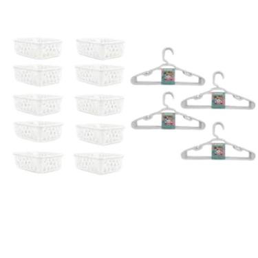 Imagem de Kit 10 Cesto Organizador Branco 16x12x6cm + 20 Cabide Plastico Branco 