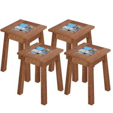 Imagem de Kit 04 Banquetas Baixas De Madeira Maciça Pinus Rústica Com Cerâmica V
