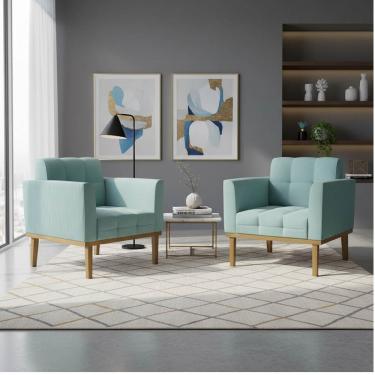 Imagem de Poltrona Sala Decorativa Kit 2 Elisa Base Madeira Castanho Cotelê Ext/Veludo Menta D03 - D'Rossi