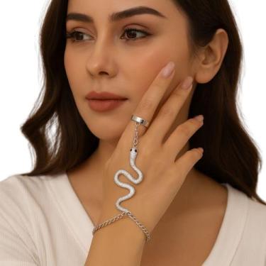 Imagem de Pulseira com Anel Cobra Prateada Festa Elegante Luxo Festa - - anjo da