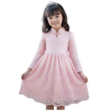 Imagem de Vestido Infantil Rosa de Renda com Manga Longa e Laço Menina - - anjo 