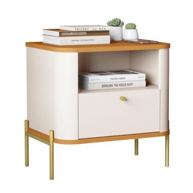 Imagem de Mesa De Cabeceira Para Quarto Com Pém Em Aço 1 Gaveta - Off White Nature Dourado Off Wh...