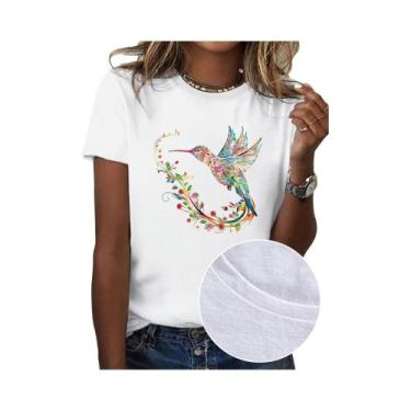 Imagem de Camiseta Feminina Com Estampa De Beija-flor, Manga Curta, Gola Redonda