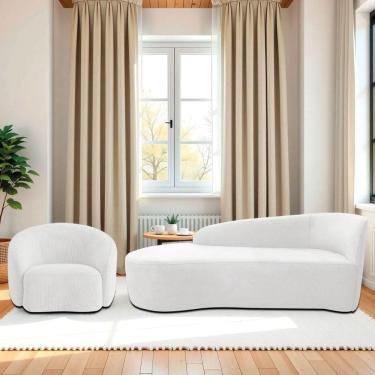 Imagem de Kit Divã Recamier Orgânico França 140cm Lado Esquerdo E Poltrona Amore Bouclé Branco