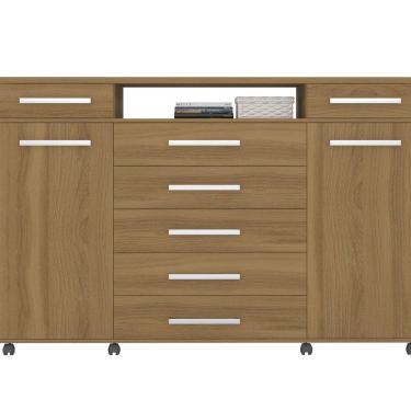 Imagem de Cômoda London 7 Gavetas 2 Portas em MDF com Puxador Metálico Amêndoa com Rodízios Brilh...