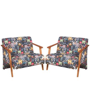 Imagem de Kit 2 Poltronas Namoradeira Venus Retro Bar 107 Suede Estampada Braço Madeira Maciça Unidecor
