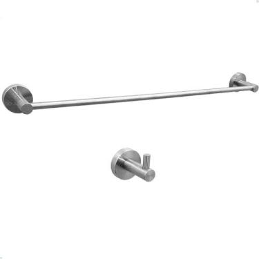 Imagem de Kit Porta Toalha Cabide Simples 60cm Aço Inox Escovado Toalheiro Ganch