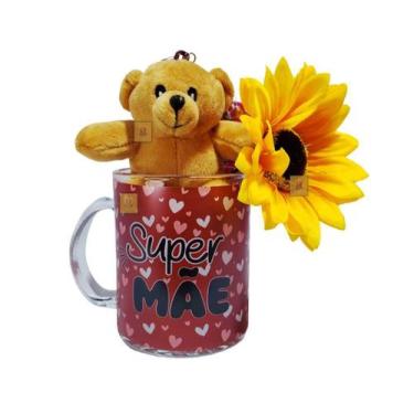 Imagem de Caneca Dia das Mães 330ml + Urso Pelúcia + Girassol Presente Cor:Coraç