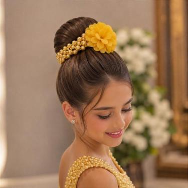 Imagem de Porta Coque Belli Flor Pérolas Amarelo - Acessório de Cabelo - no-bran
