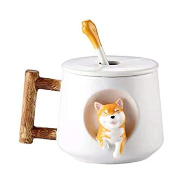 Imagem de Caneca de cerâmica Corgi Tea Mug com alça e tampa com estampa de grão de madeira, estatueta de Corgi fofa 3D, caneca de café de cerâmica, caneca de chá de leite, copo de chá perfeito para escritório e presente de aniversário, xícara de porcelana de 402 g