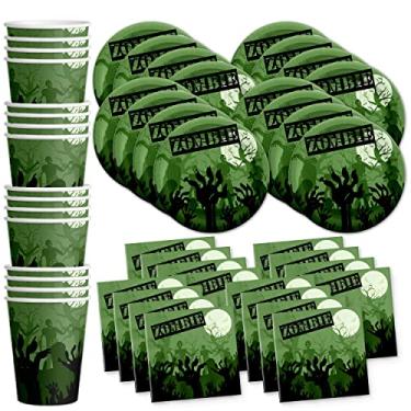 Imagem de Conjunto de suprimentos para festa de aniversário zumbi pratos, guardanapos, xícaras, kit de louça para 16