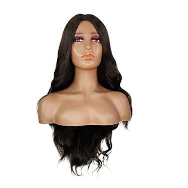 Imagem de Peruca Longa Ondulada Ouro Linho Branco Cinza Claro Rosa Peruca Feminina Sintética Encaracolada Parte do Meio Fibra Resistente ao Calor Adequado para uso em festas diárias (Preto 24 polegadas)