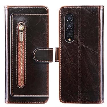 Imagem de YINGDAFENG Capa carteira para Samsung Galaxy Z Fold 4, capa flip de couro com zíper magnético à prova de choque com suporte de slot para cartão e proteção da câmera interna de PC, marrom