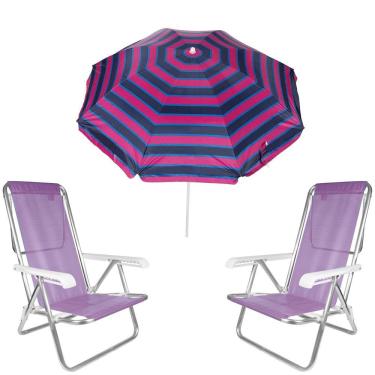 Imagem de Kit Guarda Sol 1,8m Ipanema Pink Cadeira 8 Posições Alumínio Sannet Praia Piscina Camping