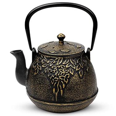 Imagem de Chaleira japonesa de ferro fundido com infusor, chaleira de chá de ferro fundido segura para fogão, design de folhas revestida com interior esmaltado para 950 ml, preta