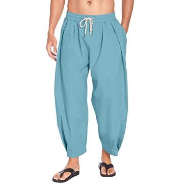 Imagem de Calça masculina casual lisa tecido perna larga bolso plissado calça cordão calça moda solta antiderrapante, Azul, G