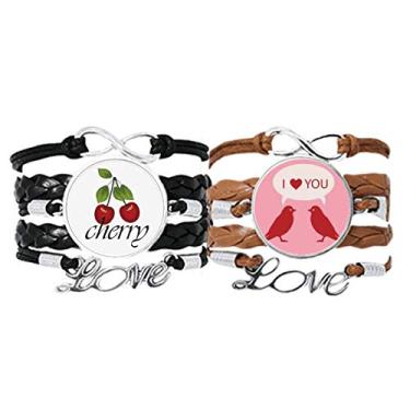 Imagem de DIYthinker Pulseira Love Birds Dia dos Namorados Vermelho Rosa Pulseira Pulseira de Couro Corda Cereja Amor Conjunto Duplo