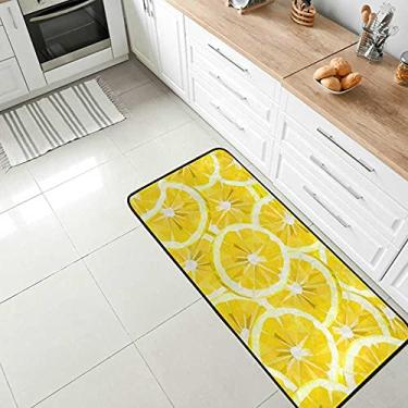 Imagem de Tapete de cozinha com laranjas douradas brilhantes, antiderrapante, confortável, tapete antifadiga, para sala de jantar, lavanderia, escritório, corredor, 99 x 50 cm