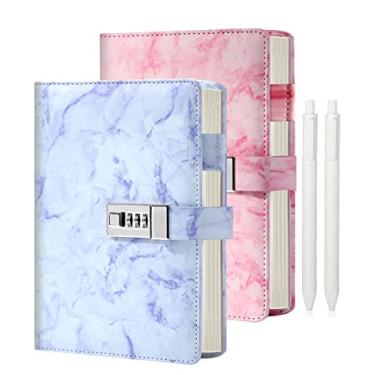 Imagem de CAGIE Pacote com 2 diários de mármore com cadeado para meninas e mulheres, diário secreto com fecho, 192 páginas, à prova d'água, diário para meninas trancadas com caneta, diários bloqueados por senha para meninas adolescentes, A5 roxo rosa