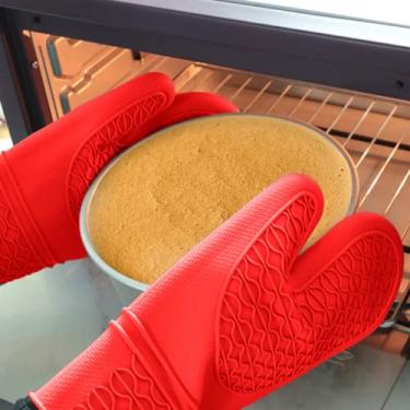 Imagem de Luva Térmica De Silicone Manga Longa com Forro Vermelha Para Cozinha Forno Fogão