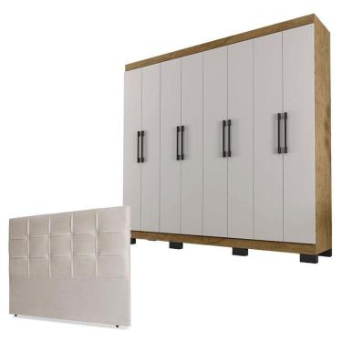 Imagem de Guarda Roupa Casal B2348 Freijó Baunilha e Cabeceira Luiza 140 cm Marfim Suede - Araplac