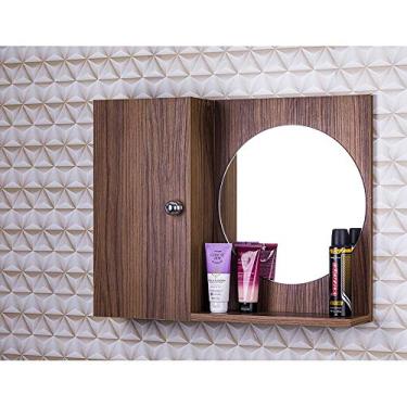 Imagem de Armário Para Banheiro Com Espelho Redondo cor de Madeira Escura Com Porta Que Fecha Suave