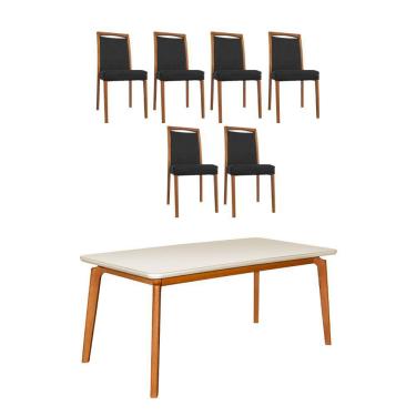 Imagem de Mesa Jantar Luxo Jade 160x90cm Off White com 6 Cadeiras Estofadas Couro Pu Preta Base Madeira Maciça