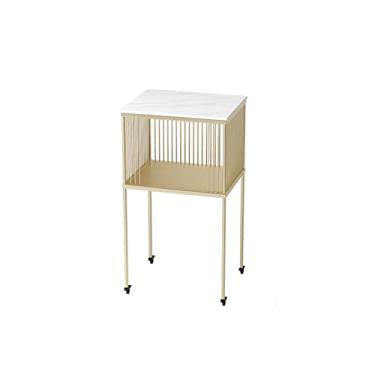 Imagem de Mesa lateral quadrada de ardósia mesa lateral escritório sala de estar mesa de centro removível moldura de metal quarto mesa de cabeceira rack de armazenamento duplo mesa de canto de ângulo estreito mesa de centro para sala de estar (cor: D)