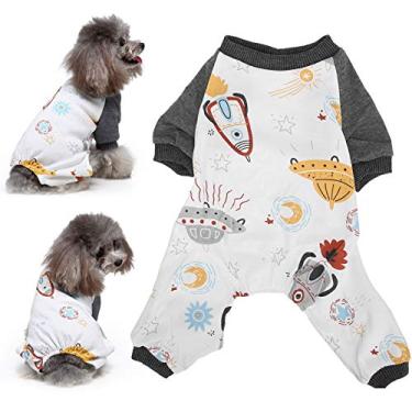 Imagem de Pijamas para cães, macacão de poliéster para filhotes, pijama de malha com padrão de nave espacial, camisa macia de manga comprida para cães de estimação, fantasia para a primavera, outono (GG)