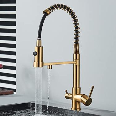 Imagem de Torneira de cozinha de água potável Torneira de pia de cozinha preta Torneira de cozinha de latão com torneira de filtro 360 ° giratório misturador de pia modo duplo, dourado escovado