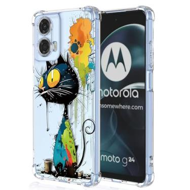 Imagem de XINYEXIN Capa transparente para Motorola Moto G24 / Moto G04, fina à prova de choque TPU bumper capa de telefone transparente padrão fofo, arte legal colorida série graffiti - gato preto