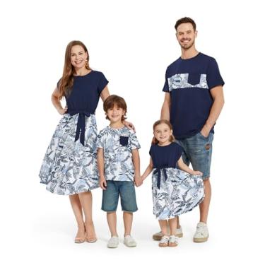 Imagem de PATPAT Conjuntos de vestidos de manga curta com estampa de emendas e camisetas casuais combinando para a família, Azul e branco, XXG