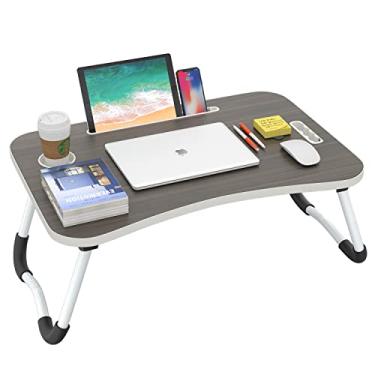 Imagem de BUYIFY Mesa de colo dobrável, mesa portátil de madeira preta de 58 cm, mesa de colo com suporte para copos, para trabalhar, ler, escrever, comer, assistir filmes para cama, sofá, sofá e chão