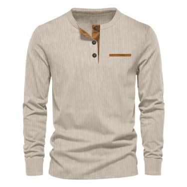 Imagem de Camisetas masculinas manga comprida veludo cotelê Henley cor sólida gola redonda camisetas abotoadas, Bege, 3G