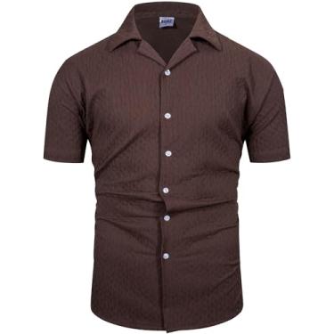 Imagem de MOHEZ Camisa masculina casual de botão, manga curta, gola cubana, praia, verão, texturizada, solo, férias, Marrom 06, XXG
