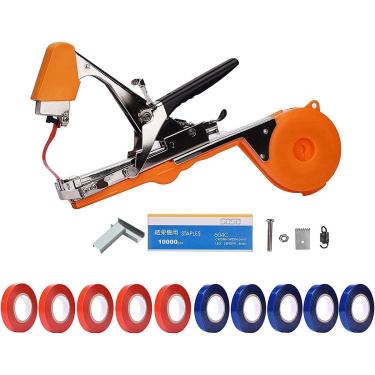 Imagem de SHUOLEI Máquina de amarrar plantas, fita de jardinagem com 10 rolos de fita e 1 caixa de grampos para vegetais, uva, tomate, pepino, pimenta e flor (laranja)