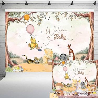 Imagem de Welcome Baby Vintage Urso Pooh Pano de Fundo Clássico Ursinho com Balão Rosa Decorações de Festa de Chá de Bebê Recém-nascido Fundo de Aniversário 2,1 x 1,5 m 168