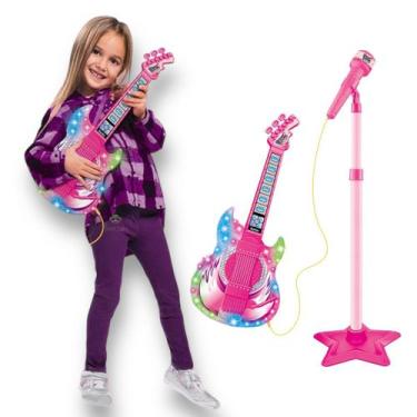 Imagem de Microfone E Guitarra Infantil Som Luz Música Conecta Celular - Dm Toys