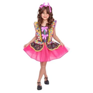Imagem de Vestido Caipira Infantil Fantasia Junina São João Renda Preto Rosa e Fitas Coloridas Anjo Fantasias (GG 10/12 anos)
