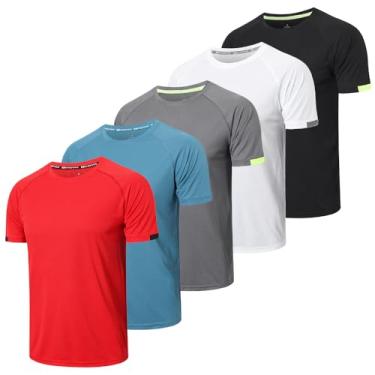 Imagem de HUAKANG Pacote com 5 camisetas masculinas de treino, gola redonda, manga curta, com absorção de umidade, atléticas, leves e esportivas, Preto, branco, cinza, azul, vermelho, M