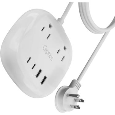 Imagem de Ceptics Régua de alimentação USB compacta para viagem com proteção contra surtos, duas portas USB e USB-C aterradas, saída total de 21 W e cabo de 1,8 m – carregamento ideal