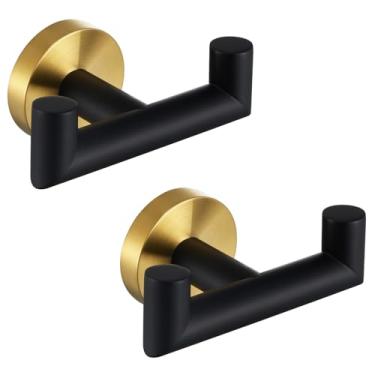 Imagem de Angle Simple Gancho duplo para toalha, preto e dourado, 2 peças de suporte de toalha de banheiro de aço inoxidável, gancho de roupão duplo para parede