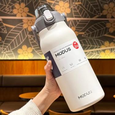 Imagem de Garrafa Térmica De Grande Capacidade Em Aço Inoxidável 304 Com Canudo 1700ml (Branco)