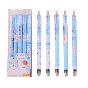 Imagem de Joucien 5 peças/caixa - Caneta neutra apagável por fricção quente azul de 0,5 mm Caneta neutra com desenho animado - Xiong Xiong Manor (1 caixa) - 0,5 mm (azul)